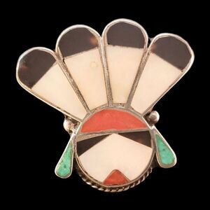 Vintage Sterling Zuni Sun Face Inlay Brooch Pin